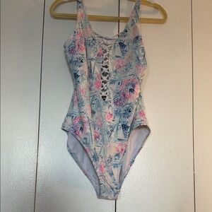 Lilly Pulitzer Light Blue Floral Lace-Up One-Piece Swimsuit